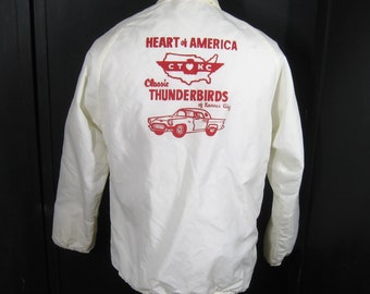 70s Vintage Classic Thunderbird Car Club Jacket Kansas City Mo., King Louie White Nylon Lined Windbreaker, 36-38 chest