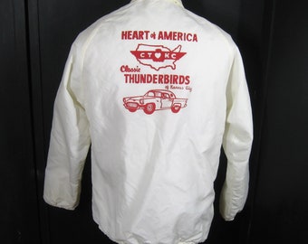 1970s Car Club Jacket Vintage White Nylon Windbreaker Classic 1957 Thunderbird Heart Of America Kansas City, Small