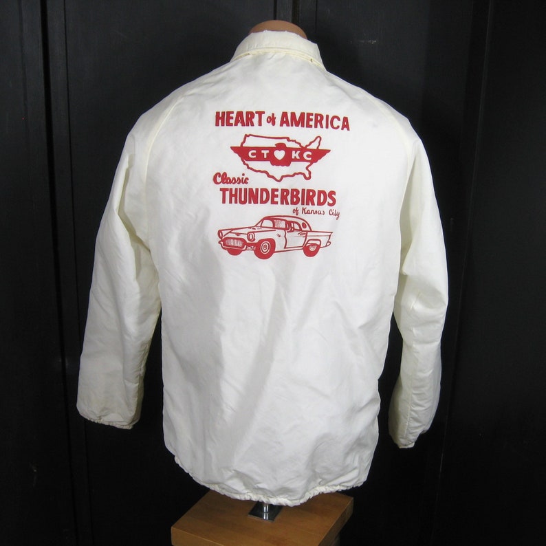 70s Vintage Classic Thunderbird Car Club Jacket Kansas City Mo., King Louie White Nylon Lined Windbreaker, 36-38 chest