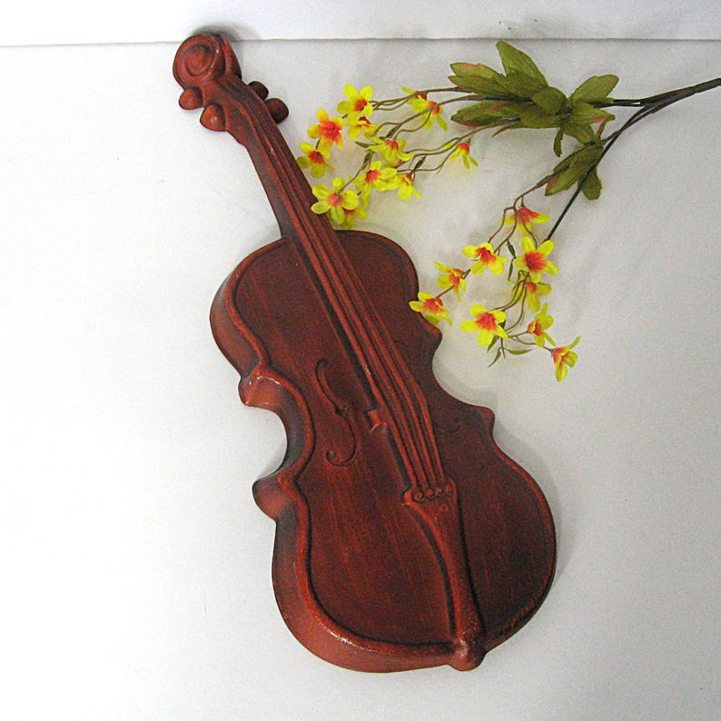 1960s Vintage Violin Wall Plaque Royal Cast Aluminum, Burnt Orange, 18" Length, Mid Century Wall Art