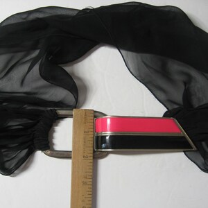 Vintage 1920s Art Deco Belt, Black Chiffon w/ Large Enameled Buckle Pink & Black Geometric image 5