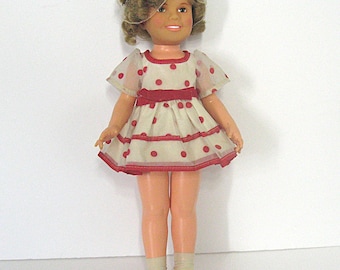 Shirley Temple Doll Ideal 17" Vintage 1972, Red Dot Dress, Socks, Shoes, Hairnet etc.