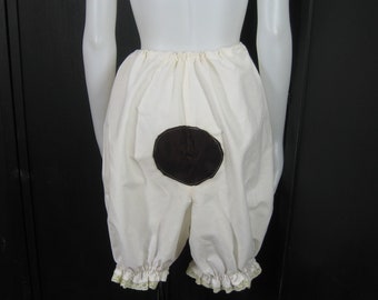 White Cotton Bloomers w/ Black Patch Applique On Seat, 80s Vintage Knee Length Costume Pantaloons, Drawstring Waist, Up to 36" Waist