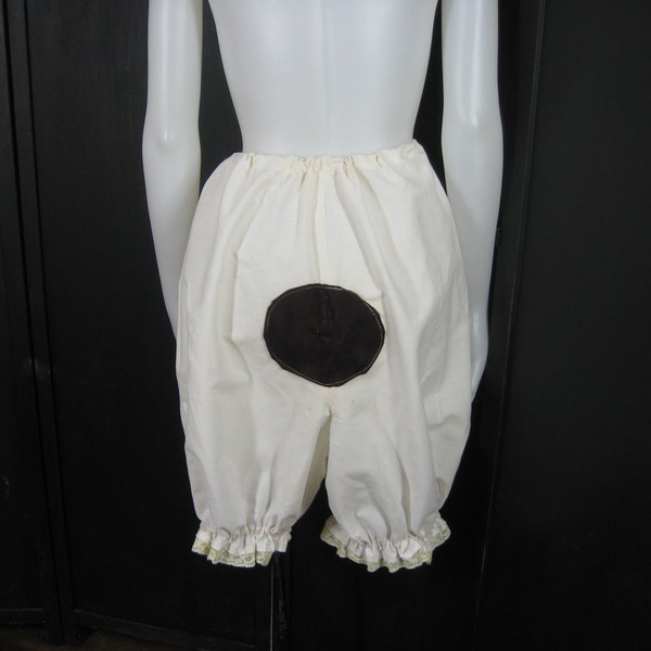 White Cotton Bloomers w/ Black Patch Applique On Seat, 80s Vintage Knee Length Costume Pantaloons, Drawstring Waist, Up to 36" Waist