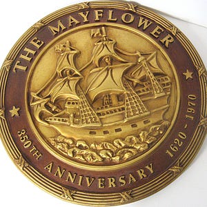 Vintage 350th Anniversary Mayflower Ship Wall Plaque, 1620-1970, Brass Bronze Tone Molded 3D Composite 15" Diameter bild 7