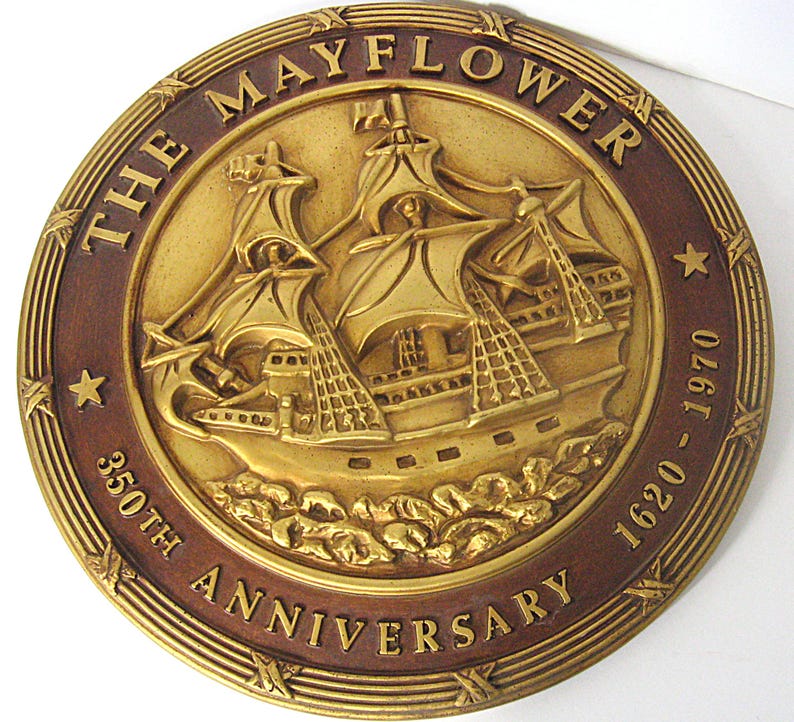 Vintage 350th Anniversary Mayflower Ship Wall Plaque, 1620-1970, Brass Bronze Tone Molded 3D Composite 15" Diameter bild 7