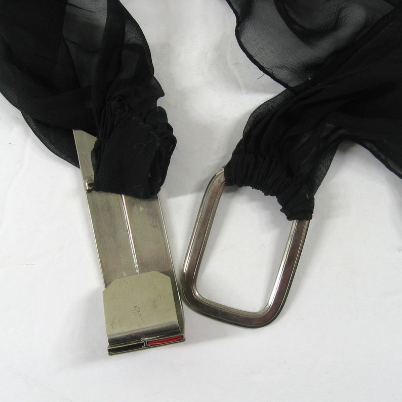 Vintage 1920s Art Deco Belt, Black Chiffon w/ Large Enameled Buckle Pink & Black Geometric image 6