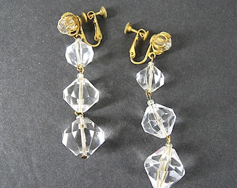 1950s Signed "Miriam Haskell" Earrings, Vintage Lucite Bead Dangle Drop, Brass Combination Screw Back - Clip On, Patent #