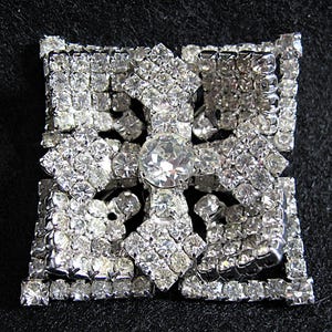 Vintage Rhinestone Brooch Kramer New York Clear Layered Pave' Cross In Square OR Rhombus X, Pre 1955 Signed Pin