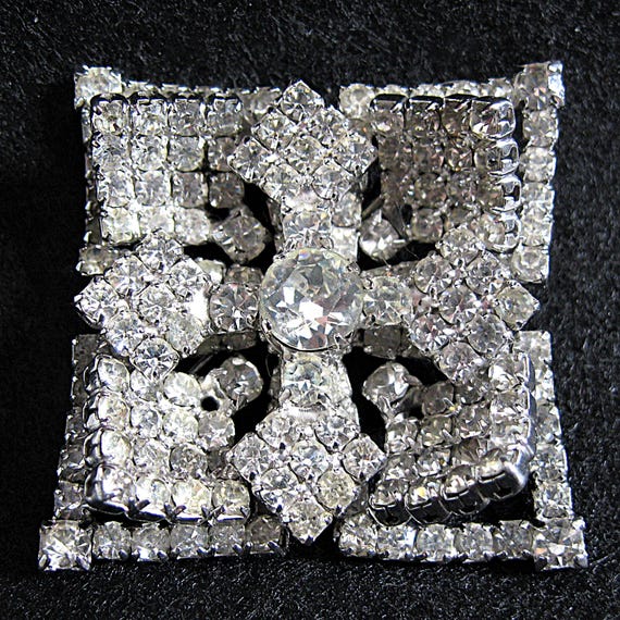 Kramer New York Brooch Crystal Pave' Rhinestones, Layered Square Rhombus Pin, Hand Prong Set Early 1950s Vintage, MCM Jewelry