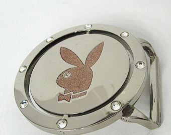 Vintage Reversible Playboy Bunny Belt Buckle, Rhinestone Trim, Mirrored Chrome, Sparkly Bunny Logos
