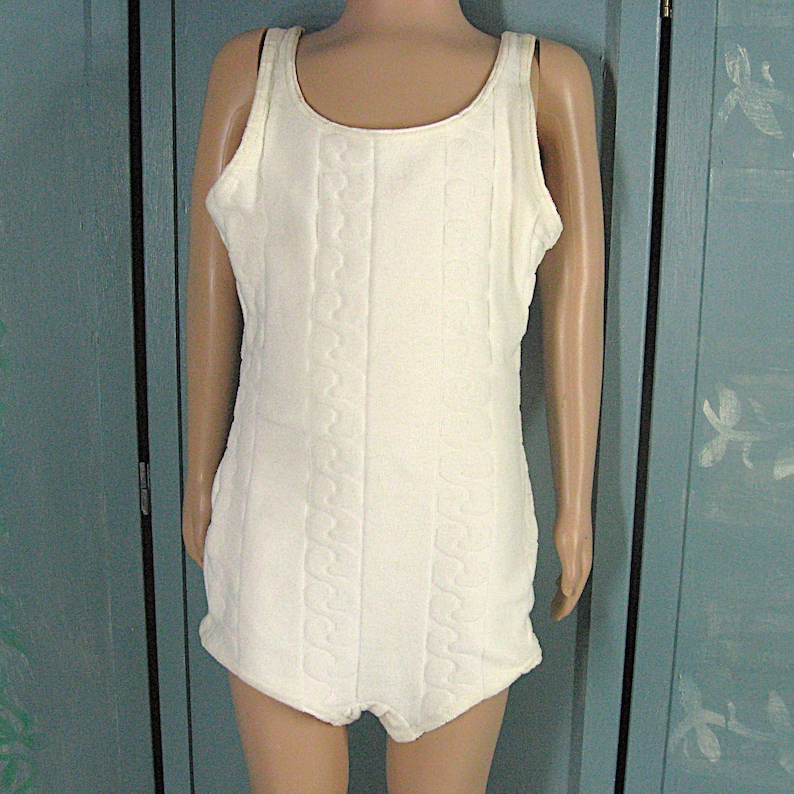 Girls 1960s Swimsuit White Stretch Nylon One Piece Dive-ettes Child Bathing Suit Vintage Size 12