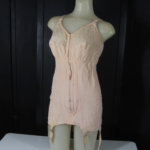 Vintage 1940s Boned Corset All In One Sears Charmode Nu Back, Front Close Full Body Girdle, Pink Peach Rayon/Cotton, 6 Garters, Bust 39 C ?