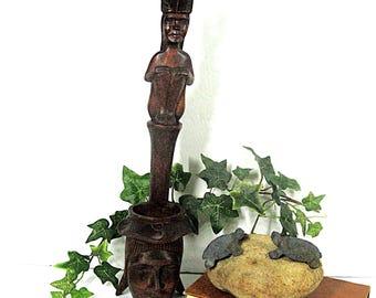 Vintage Hand Carved Wood Water Dipper Male Tribal Figures, 18" Totem Statue Sculpture / Wall Hanging