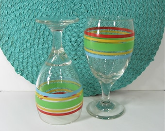 Pair Striped Stemmed Glasses Vintage 16 Oz. Goblet Multi Color Festive 2 Glass Set, Wine, Water, Barware, Dining