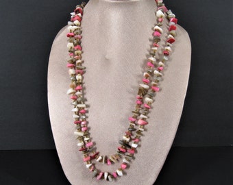 Vintage MOP Shell Bead Rope Necklace Pink & Neutrals, 28" Length