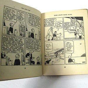Pu&ograve; includere: Una striscia a fumetti in bianco e nero con il testo "Pro e Contro" e "Ecco di nuovo, andato di nuovo". La striscia a fumetti presenta un uomo e una donna che discutono sulla sicurezza degli aerei. L'uomo tiene una valigia e la donna tiene un cane. La striscia a fumetti &egrave; ambientata in una citt&agrave;.