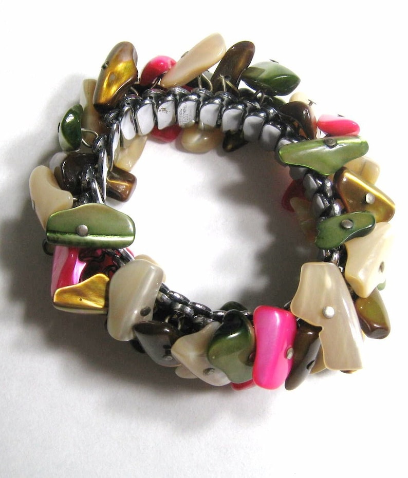 Vintage Bracelet Multi Color MOP Shell Beads Stainless Expansion, 1960s JFSK Japan Made