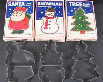 3 Set 7 1/2" Metal Cookie Cutters In Original Boxes 80s Vintage, Large Santa, Snowman, Tree, USA Made