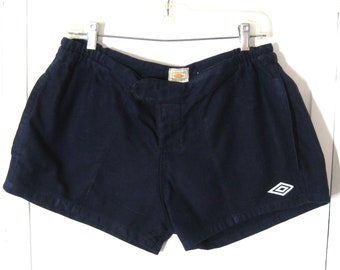 1960s UMBRO Rugby Shorts Button Fly Vintage Navy Blue Cotton Men's Athletic Sportswear Made In England, Button & Drawstring Waist 34"