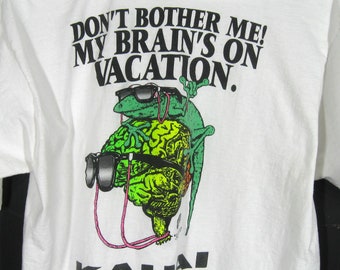 80s 90s White T Shirt Vintage Brain Waves Sportswear Don't Bother Me My Brain's On Vacation, Single Stitch, Men's Large