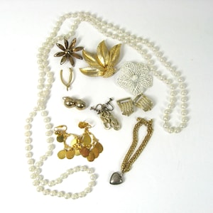 Vintage Gold White Jewelry Lot 10 Pc Earrings, Brooch, Flapper Beads, Bracelet, 1950s-70s
