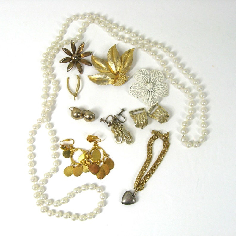 Vintage Gold White Jewelry Lot 10 Pc Earrings, Brooch, Flapper Beads, Bracelet, 1950s-70s