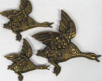 1960s Set of 3 Flying Geese Brass Wall Hangings In Graduated Sizes, MCM Vintage Sculptural Bird Art