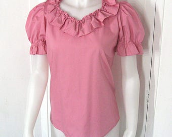 70s Pink Peasant Blouse, Ruffle Neckline, Puff Sleeve, Vintage Malco Modes Partners Please, Bust 34
