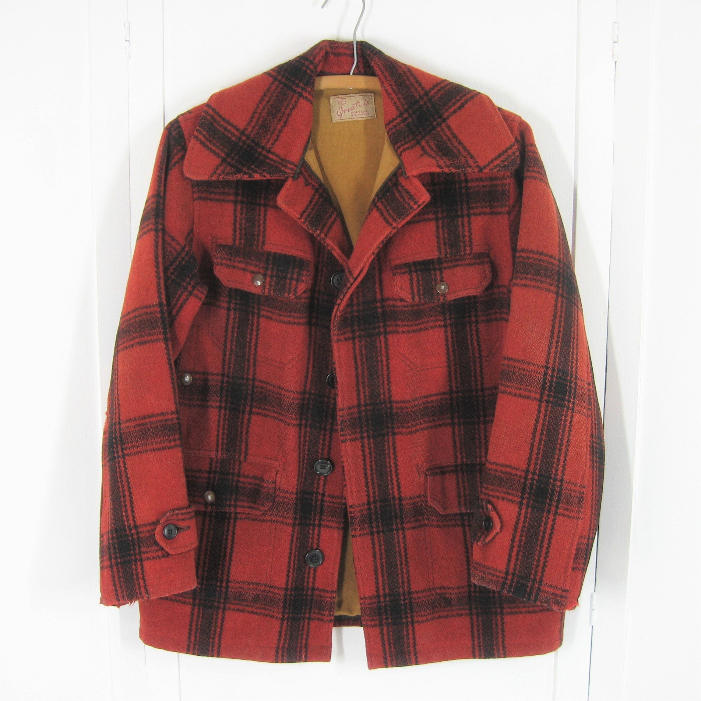40s 50s Hunting Jacket Wool Buffalo Plaid Red & Black 40s 50s Hunting Jacket Wool Buffalo Plaid Red & Black