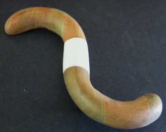 1930s Brooch Parquetry Wood & Celluloid, Vintage Curved Squiggle Geometric Bar Pin