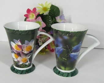 Pair Norwegian Mugs Real Floral Photos Jon Osteng Hov Photographer 90s Vintage Tapered Footed Tea Coffee Cups w/ Flower Pictures