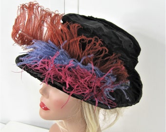 1910s to 20s Antique Hat Edwardian Black Velvet Small Brim Colorful Ostrich Feather Plume Trim, Issues As Is