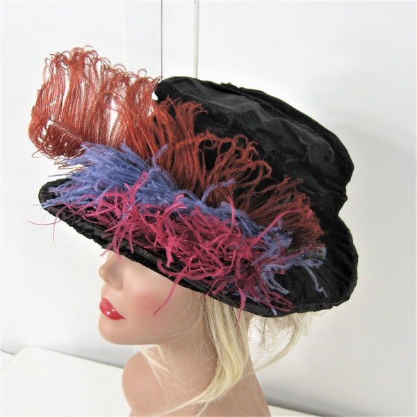 1910s to 20s Antique Hat Edwardian Black Velvet Small Brim Colorful Ostrich Feather Plume Trim, Issues As Is