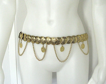 Metal Faux Coins Stretch Belt with Medallions & Hanging Chains, Gold Tone, Vintage 94 GRD