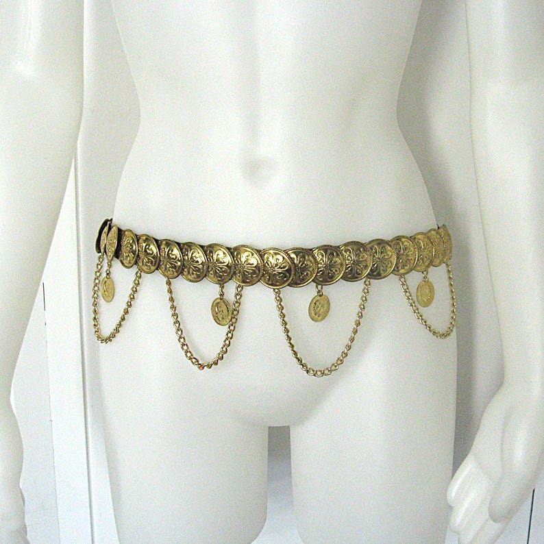 Vintage Boho Belt Metal Medallions, Hanging Chains, Faux Coins, Gold Tone Marked 94 GRD, Stretch S M