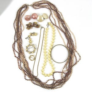 Vintage Neutral Tone Jewelry 10 Pc. Lot, Mid Century Necklaces, Brooches, Bracelets, Earrings