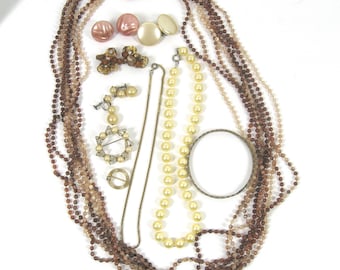 Vintage Curated 10 Plus Pc. Jewelry Collection Neutral Colors, Necklaces, Brooches, Bracelets, Earrings, 50s 60s 70s