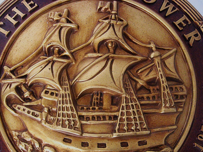 Vintage 350th Anniversary Mayflower Ship Wall Plaque, 1620-1970, Brass Bronze Tone Molded 3D Composite 15" Diameter bild 8
