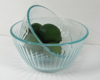 Set of 2 Pyrex Ribbed Mixing Bowls, 90's Vintage Blue/Green Tinted Clear Glass, 7401 S & 7402 S, Nesting Serving Bowl, Made In USA