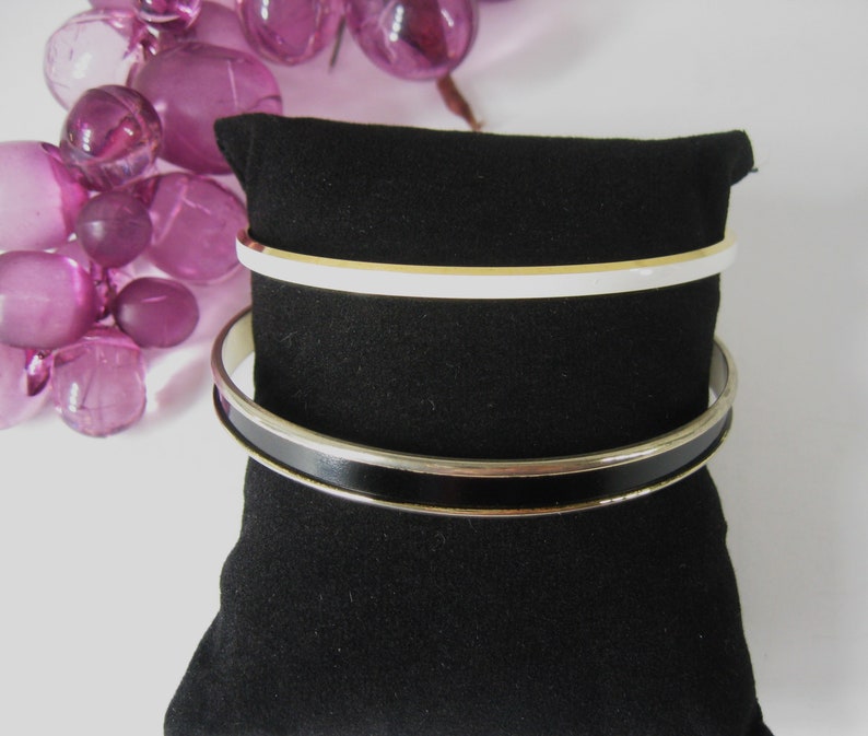 2 Enamel Bangle Bracelets Pre 1955 Vintage Signed Napier & Crown Trifari 1 White, 1 Black Stackable image 1