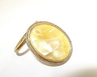 70s Vintage Scarf Clip West Germany, Yellow Faux Mother Of Pearl, Oval Gold Tone Clasp