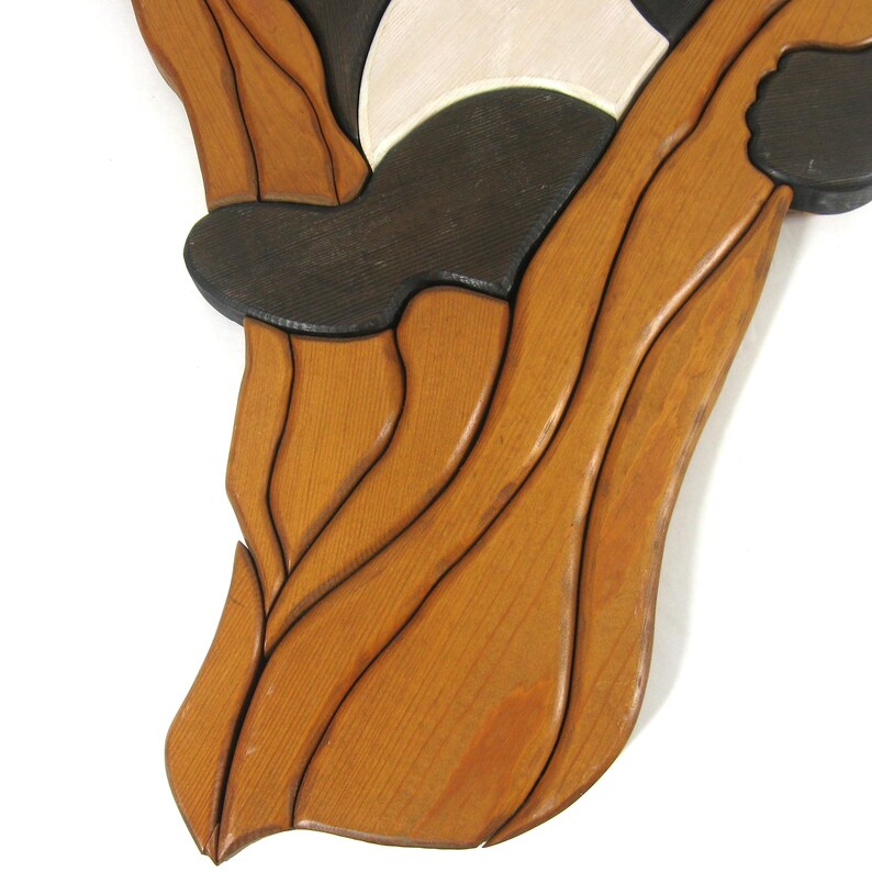 Vintage Wood Panda Bear Wall Hanging 3D Inlaid Intarsia Art 1990s, Large 22.5 x 14" bild 5
