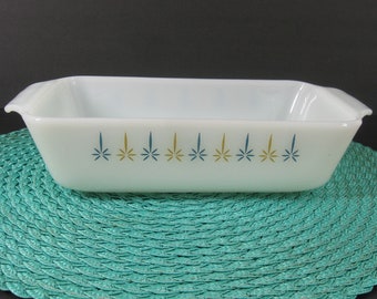 Fire King Candle Glow 1 Qt Loaf Pan, 60s Vintage White Teal Marigold, #441 Anchor Hocking, Rectangle Ovenware, Baking Serving Casserole Dish