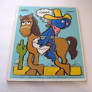 1976 Wood Jigsaw Puzzle, Vintage Playskool Framed Tray, Grover Backwards, Muppets Sesame Street