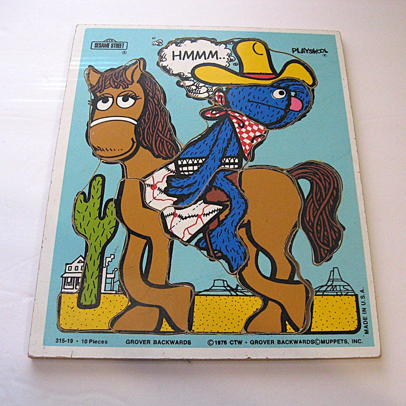 1976 Wood Jigsaw Puzzle, Vintage Playskool Framed Tray, Grover Backwards, Muppets Sesame Street