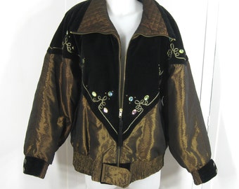 1980s Glam Ski Jacket Vintage Galaxy Embellished Shiny Brown & Black Velvet, Pastel Rhinestones + Embroidery Women's Large