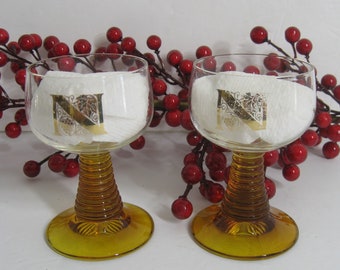 Beehive Stem Wine Glass Set Of 2 Golden Brown + Clear, Vintage Stemware With Initial N Monogram & Grape Pattern, Liqueur Cordial Barware