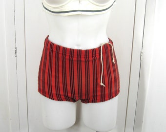 50s 60s Swim Briefs Nylon Knit Red Blue Stripe Vintage Bathing Suit Youth Or Small Adult Made In England, 26 Waist 34 Hip