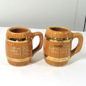 70s Barrel Shot Glass Set 2 Mini Ceramic Whiskey Beer Barrel Mugs Pistol Dawn Jr. Drink Til Midnite Vintage Novelty Barware